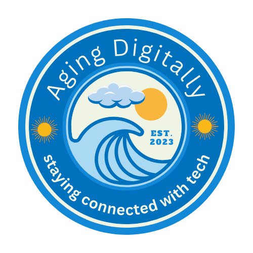 AgingDigitally logo blue circle with wave, cloud, and sun. Tagline: staying connected with tech